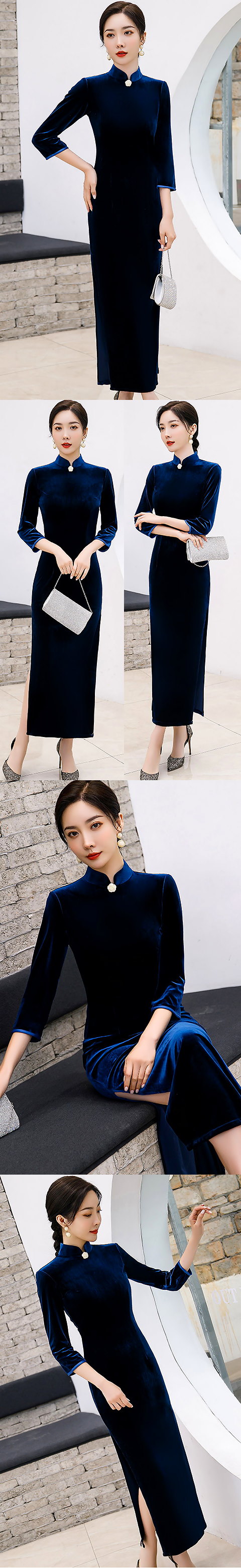 3/4-sleeve Long-length Velvet Cheongsam (Navy Blue)