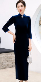 3/4-sleeve Long-length Velvet Cheongsam (Navy Blue)