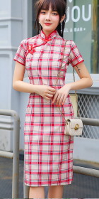 Short-sleeve Mid-length Checkered Cheongsam (RM)