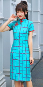 Short-sleeve Mid-length Checkered Cheongsam (RM)