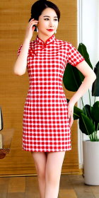 Short-sleeve Short-length Checkered Cheongsam (RM)