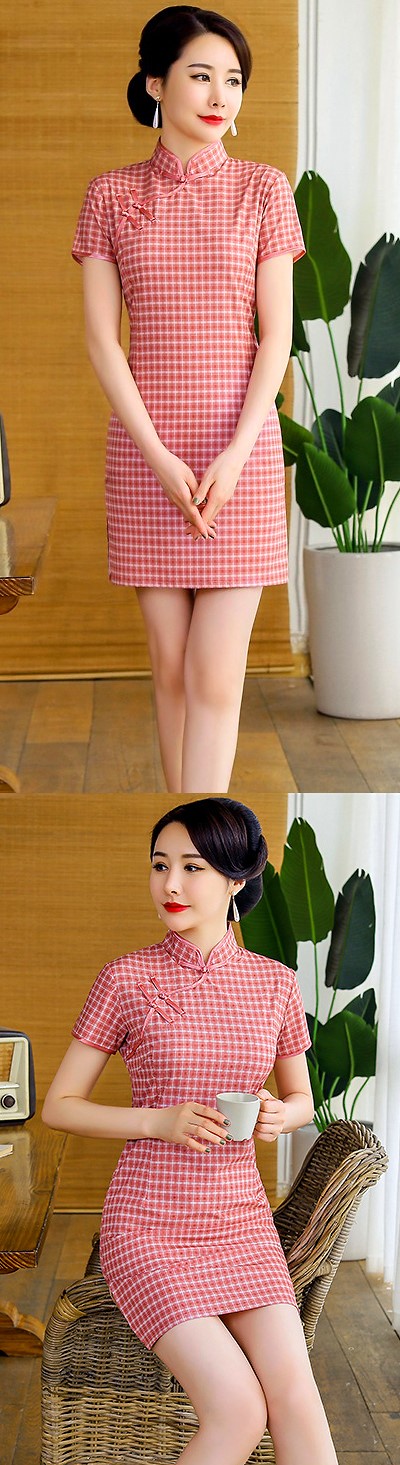 Short-sleeve Short-length Checkered Cheongsam (RM)