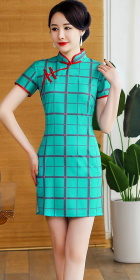 Short-sleeve Short-length Checkered Cheongsam (RM)