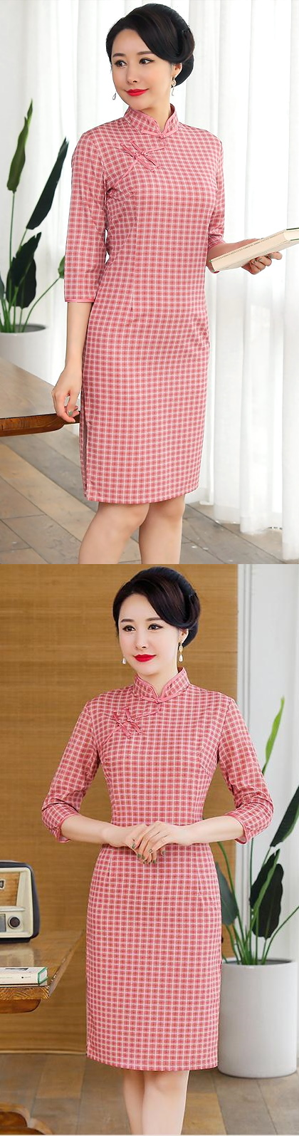 3/4-sleeve Mid-length Checkered Cheongsam (RM)