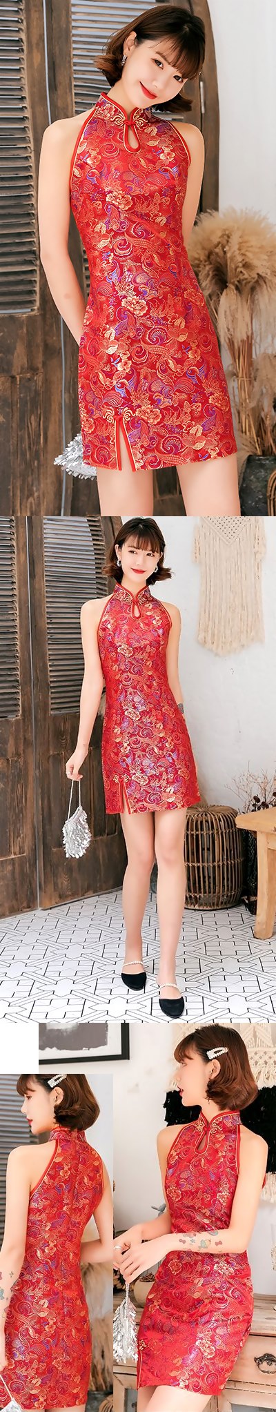 Bargain - Cut-in-shoulder Short Brocade Cheongsam Dress (RM)