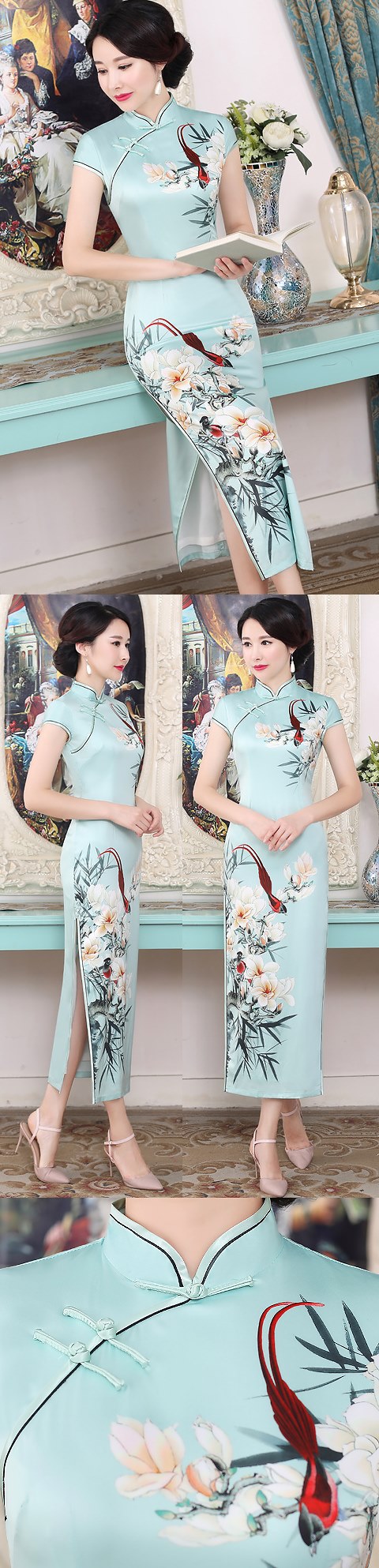 Short-sleeve Long-length Silk Printing Cheongsam (RM)