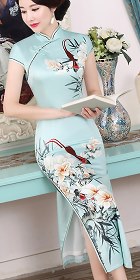 Short-sleeve Long-length Silk Printing Cheongsam (RM)