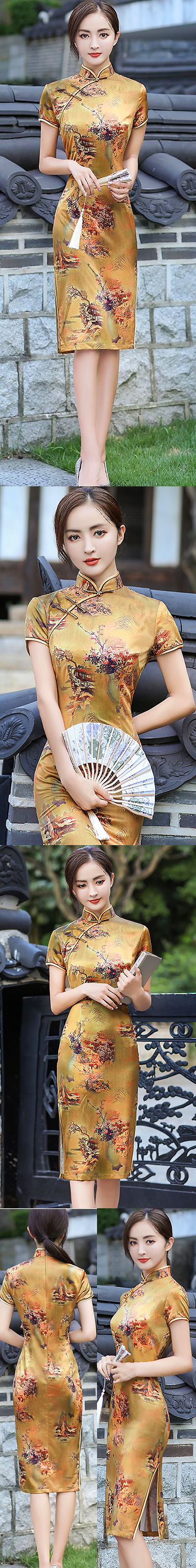 Short-sleeve Mid-length Silky Cheongsam (RM)