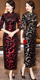 Elbow-sleeve Long-length Velvet Cheongsam (RM)