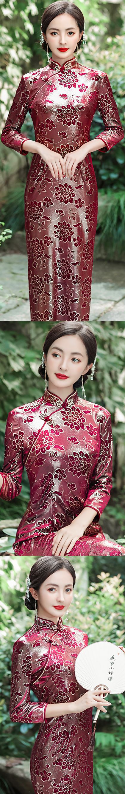 3/4-sleeve Long-length Exquisite Velvet Cheongsam (RM)