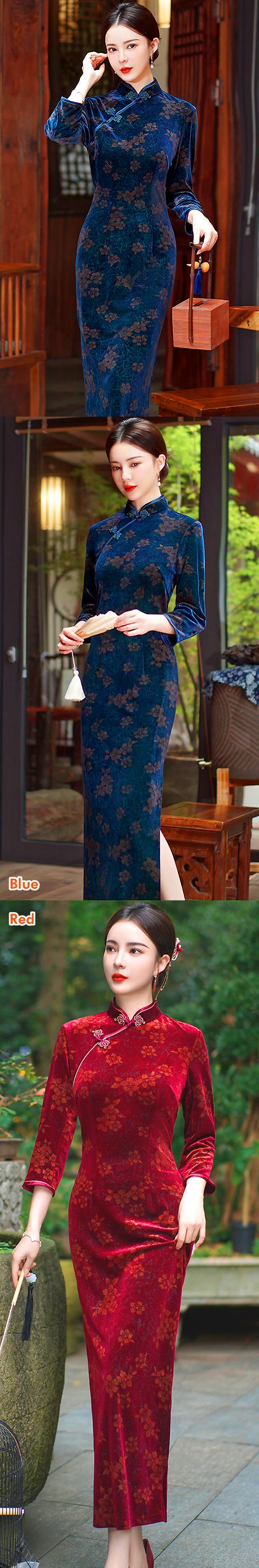 3/4-sleeve Long-length Velvet Cheongsam (RM)