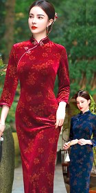 3/4-sleeve Long-length Velvet Cheongsam (RM)