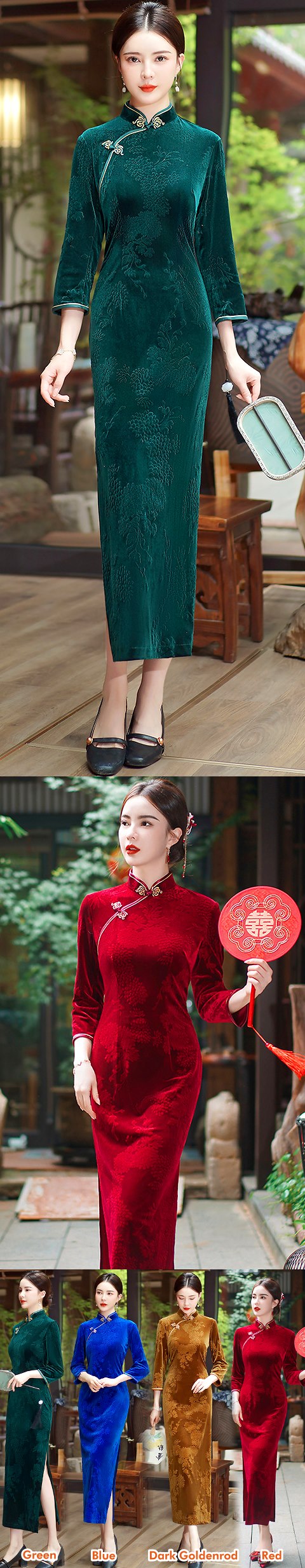 3/4-sleeve Long-length Velvet Cheongsam (RM)