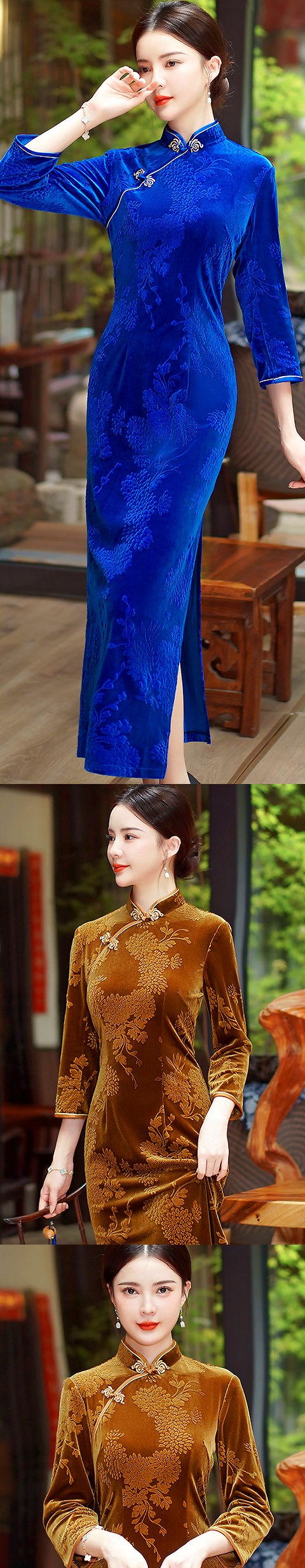 3/4-sleeve Long-length Velvet Cheongsam (RM)