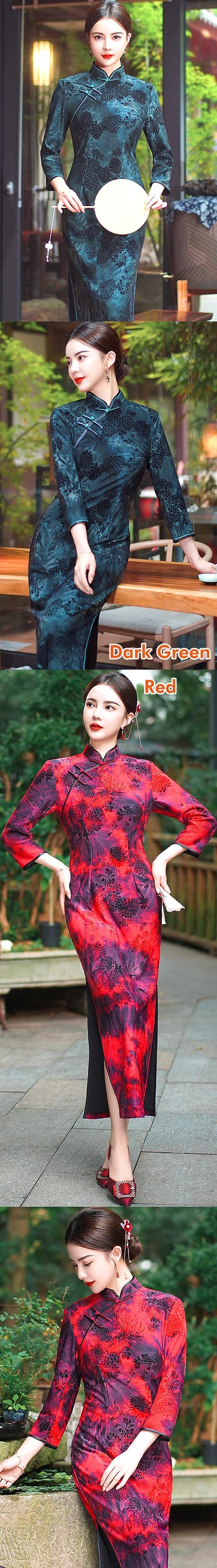 3/4-sleeve Long-length Velvet Cheongsam (RM)