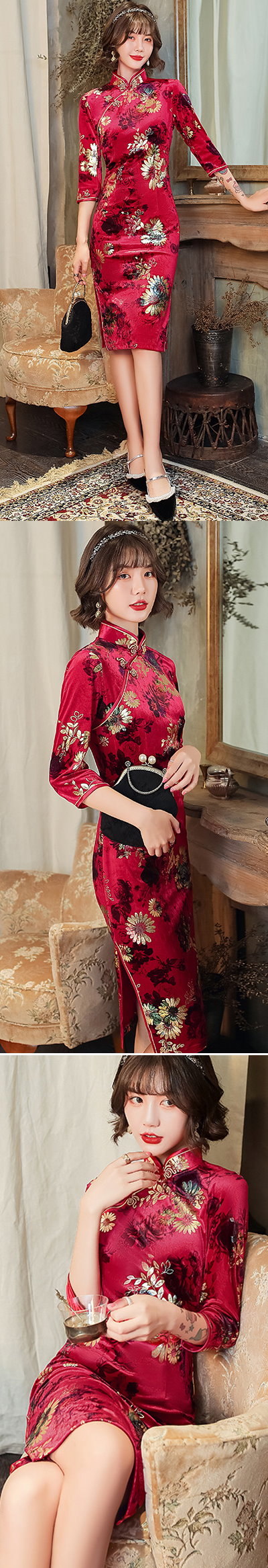 3/4-sleeve Mid-length Velvet Cheongsam (RM)