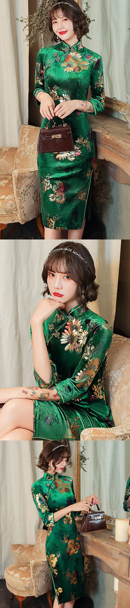 3/4-sleeve Mid-length Velvet Cheongsam (RM)