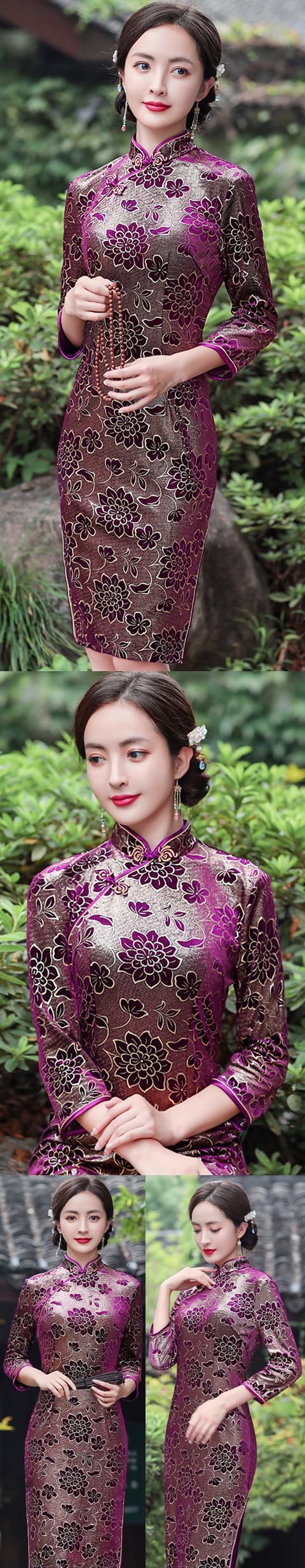 3/4-sleeve Mid-length Exquisite Velvet Cheongsam (RM)