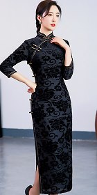 Gorgeous 3/4-sleeve Long-length Embossed Velvet Cheongsam (RM)