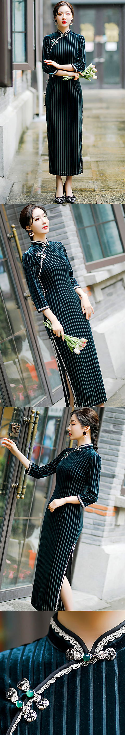 Gorgeous 3/4-sleeve Long-length Velvet Cheongsam (RM)