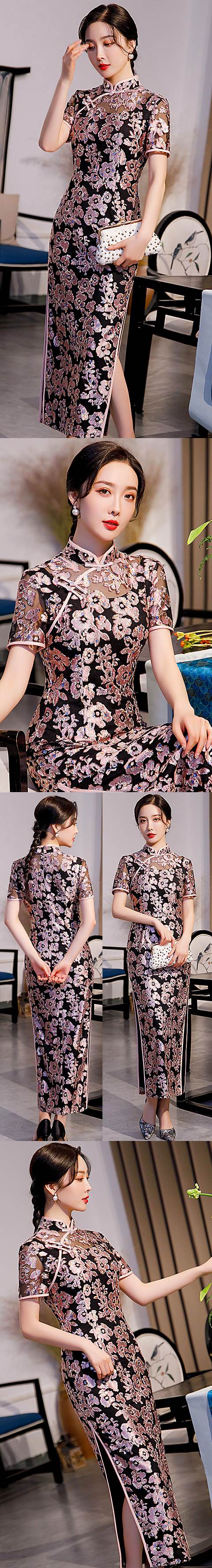 Short-sleeve Long-length Velvet Gauze Cheongsam (RM)