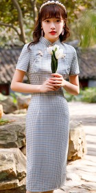 Short-sleeve Mid-length Checkered Cheongsam (RM)