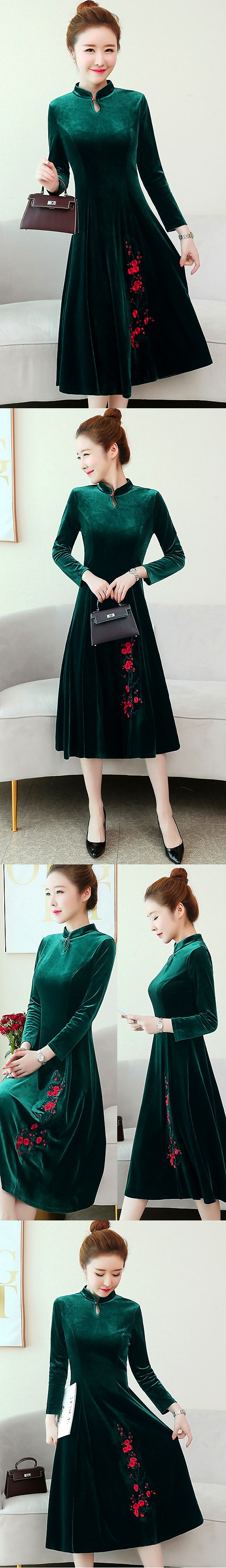 Long-sleeve A-line Velvet Cheongsam (RM)