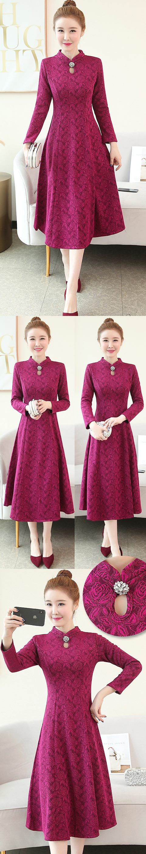 Long-sleeve A-line Embossed Embroidery Cheongsam (RM)