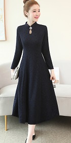 Long-sleeve A-line Embossed Embroidery Cheongsam - Dark Navy (RM)