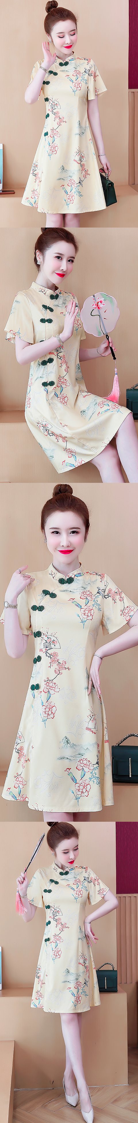 Flutter-sleeve Mid-length Exquisite Printing Cheongsam (RM)