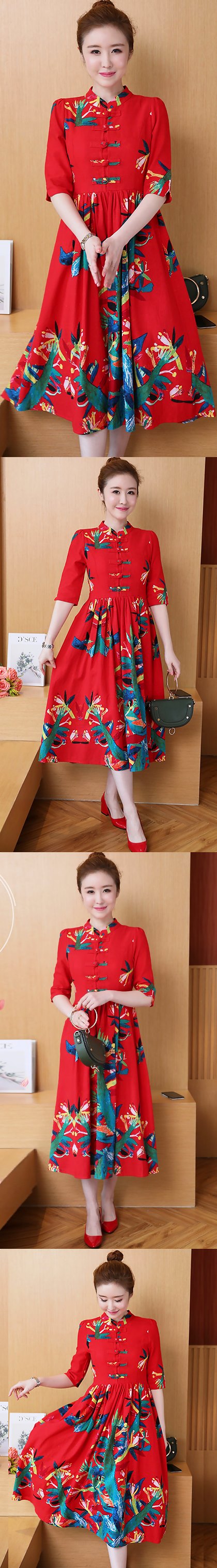 Ethnic Cotton Linen Pleated Cheongsam Dress (RM)
