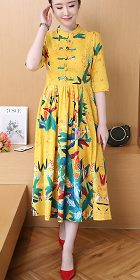 Ethnic Cotton Linen Pleated Cheongsam Dress (RM)