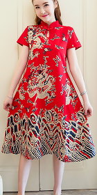 民族風情印龍連衣裙-紅色 (成衣)
