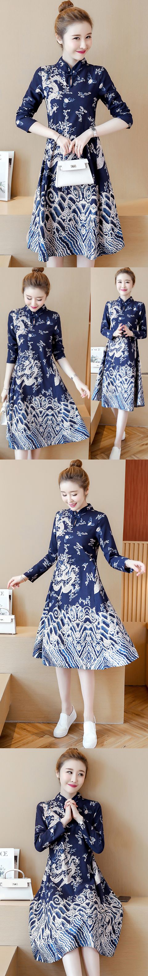 Ethnic Dragon-printing Dress-Navy Blue (RM)