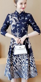 Ethnic Dragon-printing Dress-Navy Blue (RM)