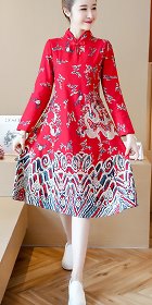 民族風情印龍連衣裙-紅色 (成衣)