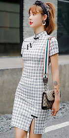 Cotton Linen Short-length Checkered Cheongsam Dress (RM)