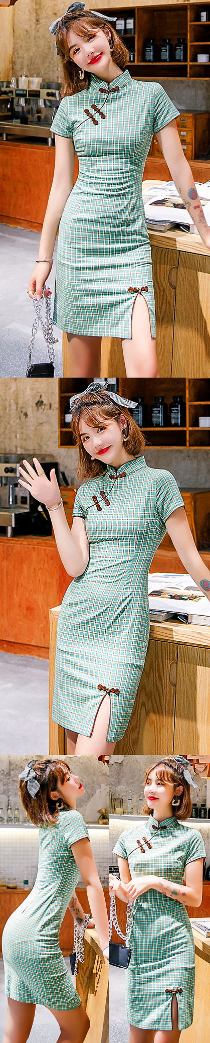 Cotton Linen Short-length Checkered Cheongsam Dress (RM)