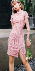 Cotton Linen Short-length Checkered Cheongsam Dress (RM)