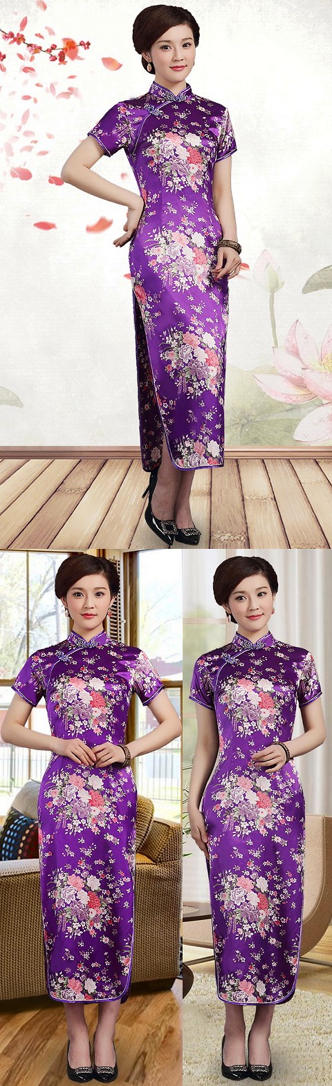 Short-sleeve Long-length Silky Cheongsam (RM)