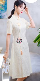 Modernized Short-sleeve Embroidery Gauze Mid-length Cheongsam (RM)