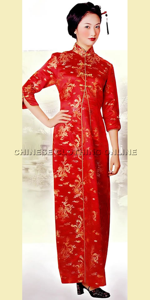 3/4-sleeve Front-pleated Long-length Cheongsam (CM)