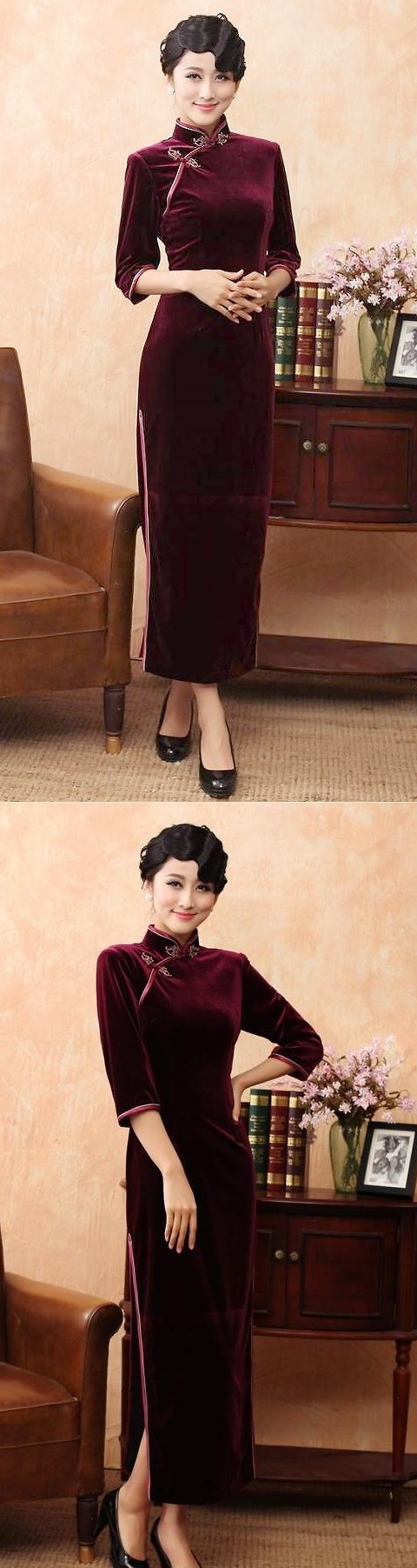 3/4-sleeve Long-length Cheongsam (CM)