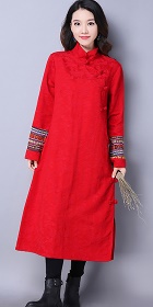 Ethnic Long-length Embroidery-sleeve Dress - Red