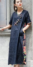 Ethnic Mid-sleeve Eye-catching Piping Loose Dress (CM)