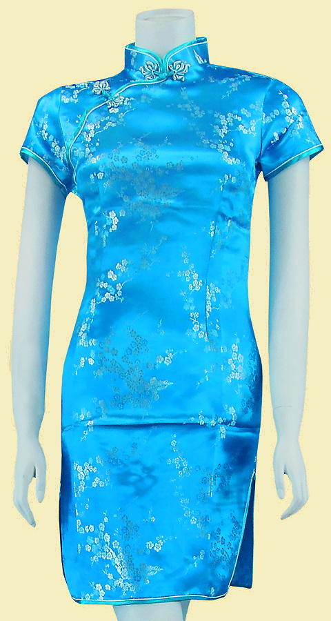 特價品-短袖短身織錦緞旗袍-天藍色