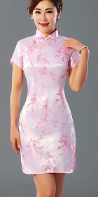 特價品-短袖短身織錦緞旗袍-粉紅色