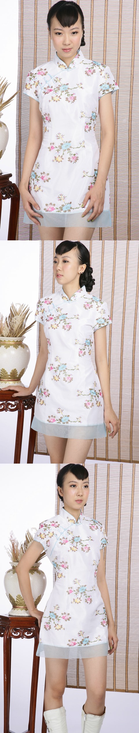 Short-sleeve Floral Embroidery Mini Cheongsam Dress (White)