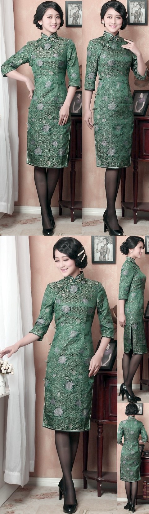 3/4-sleeve Mid-length Cheongsam (CM)