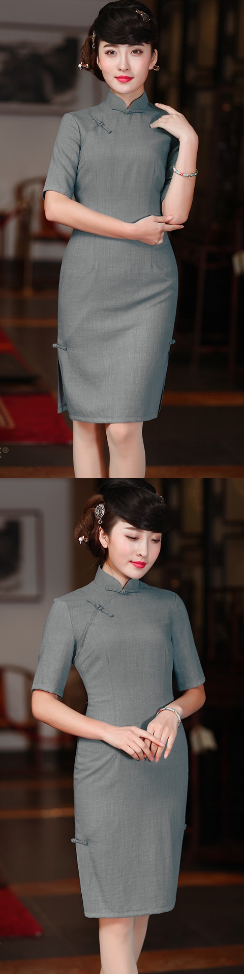 Elbow-sleeve Cotton-linen Mid-length Cheongsam (CM)